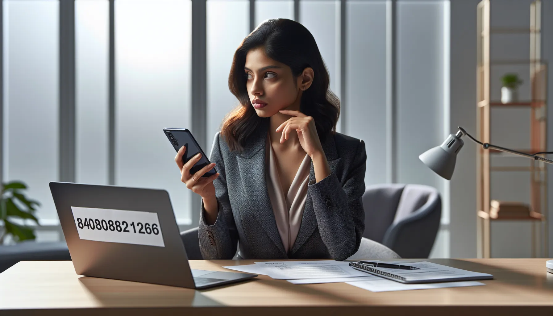 Professional assessing a smartphone with the number 8008281266 in an office.