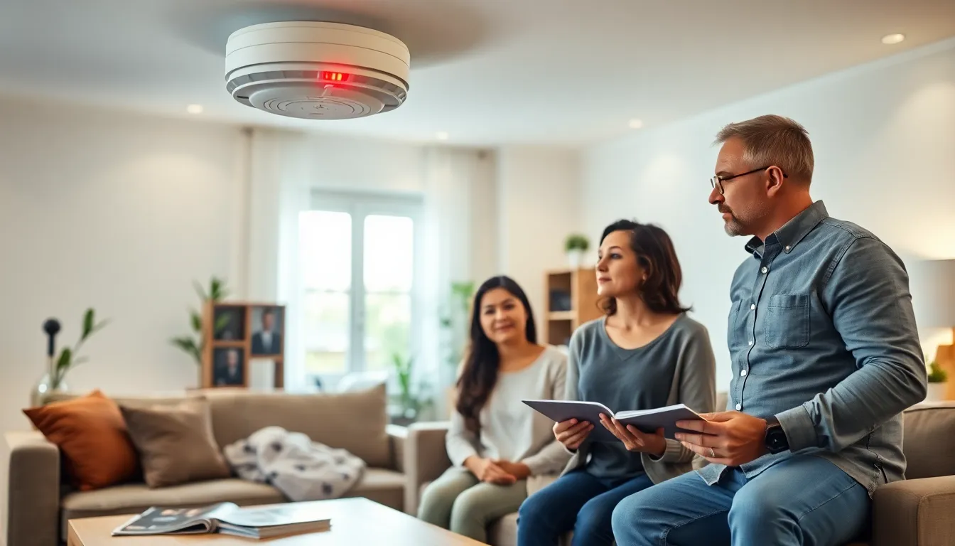 family in a living room responding to a beeping smoke alarm.