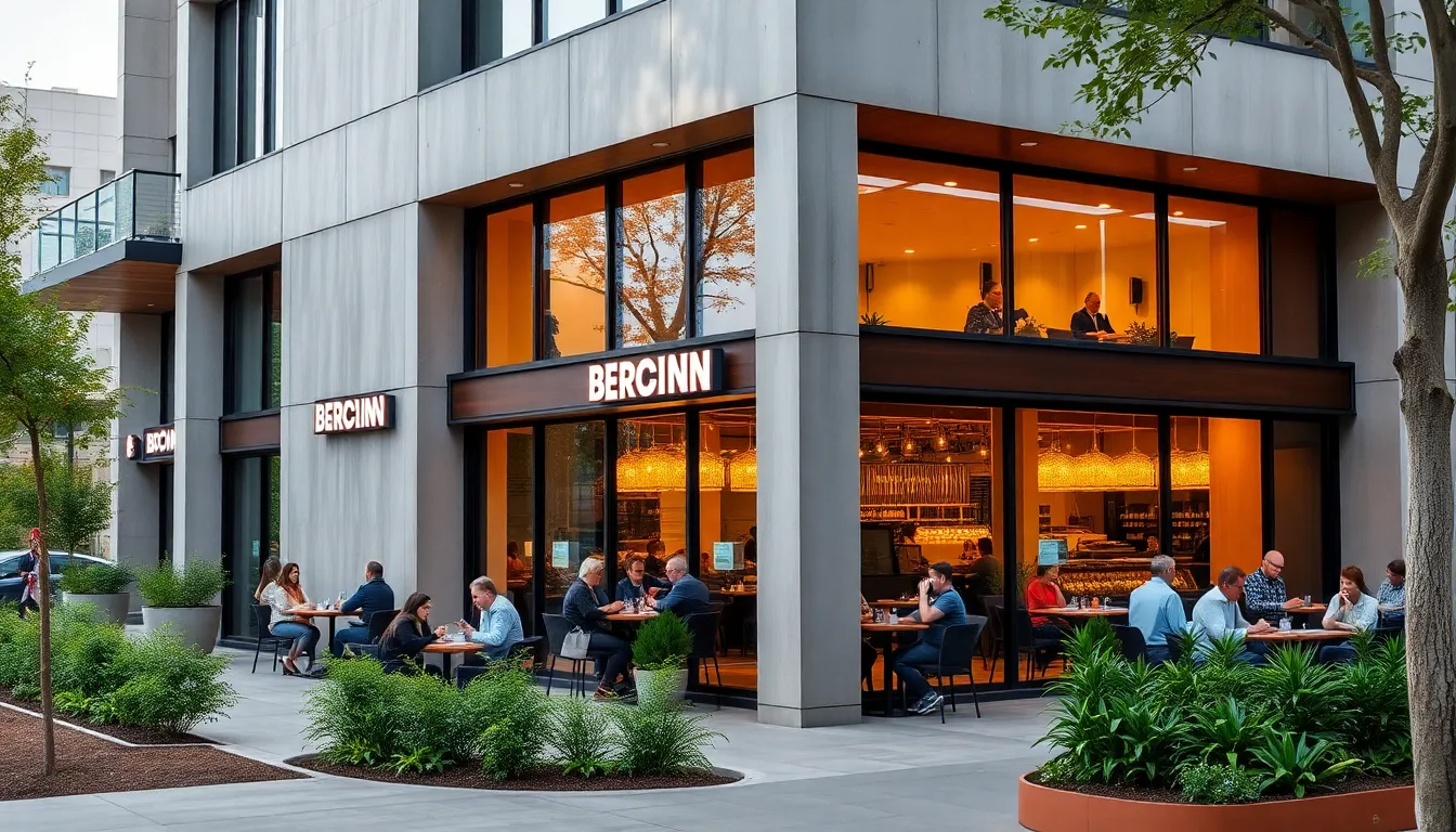 modern restaurant building with outdoor seating and inviting atmosphere.