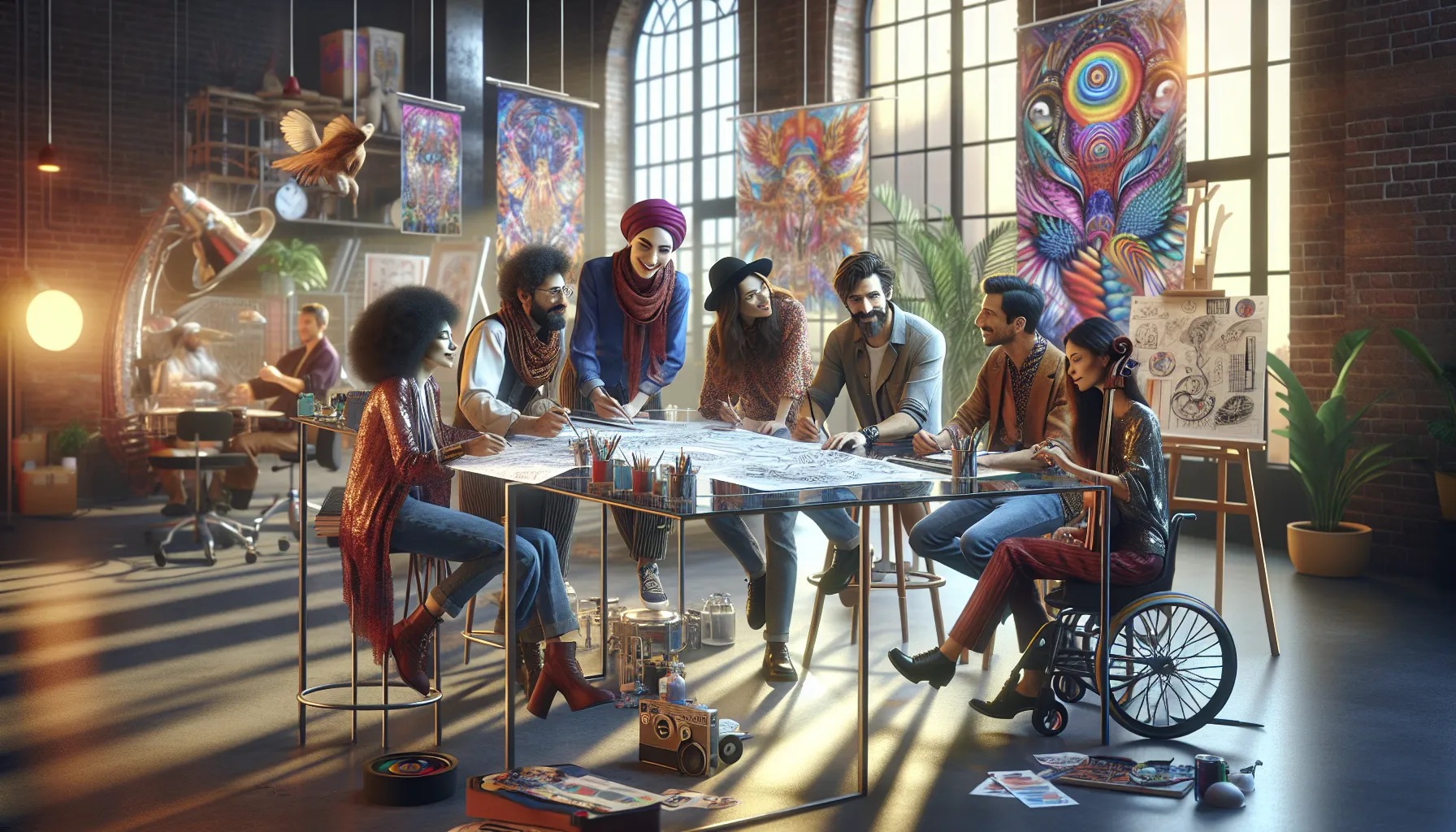 diverse artists collaborating joyfully in a modern workspace.