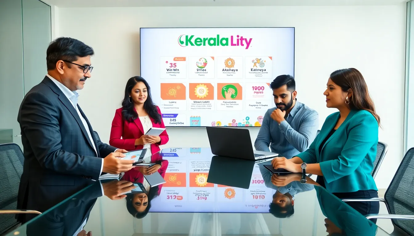 diverse team discussing Kerala Lottery strategies in a modern office.