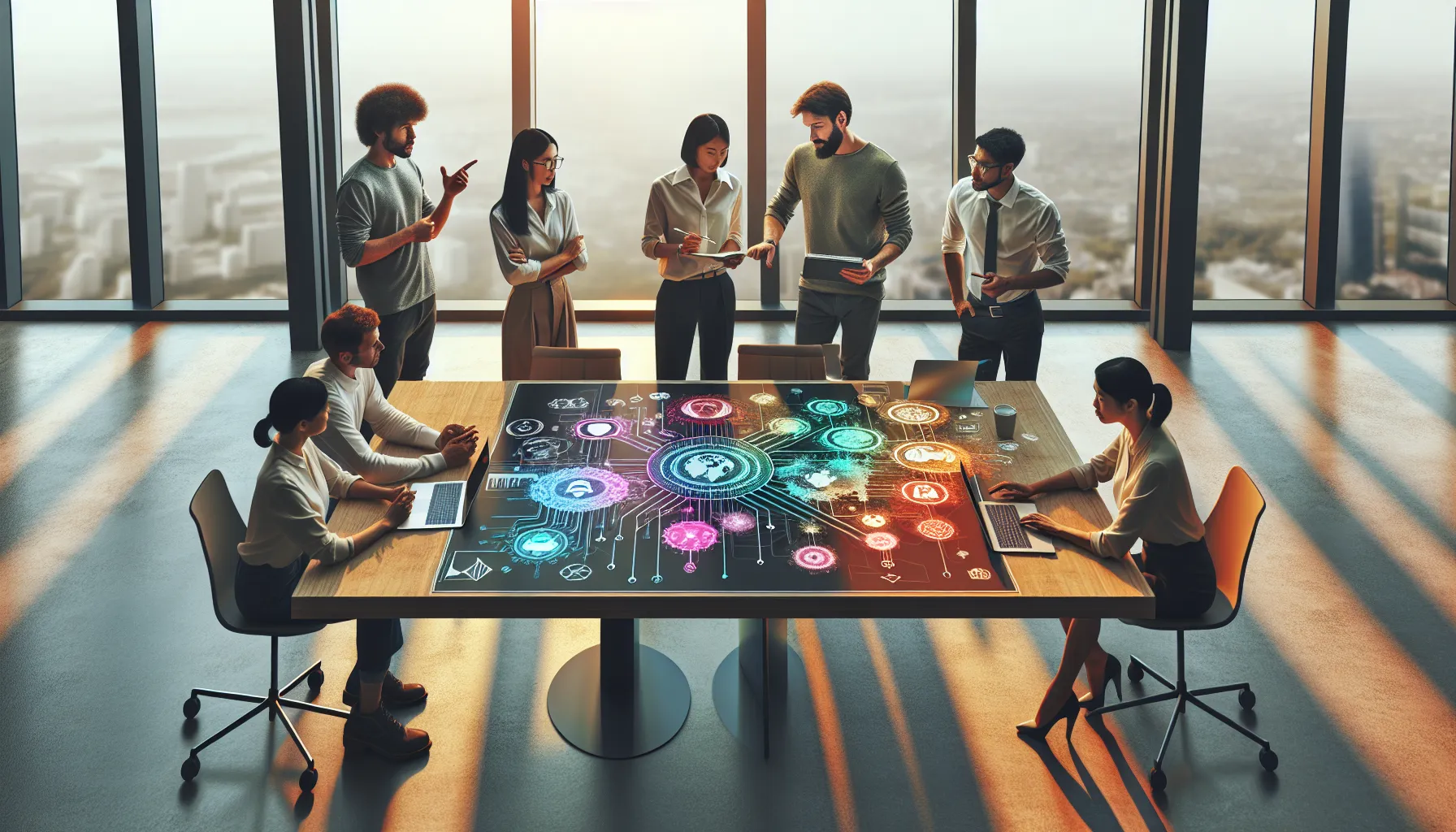 diverse team collaborating in a modern workspace.