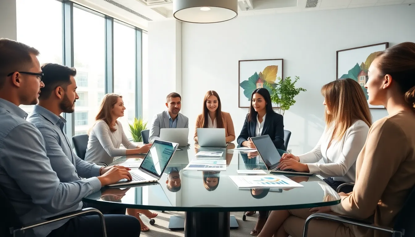diverse real estate team collaborating in a modern office setting.
