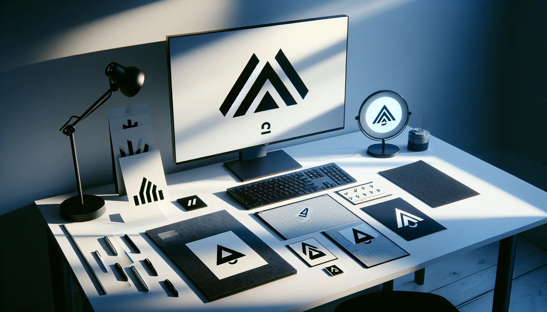 Norwegian studio desk showing negative-space fjord logo tests in black and white.