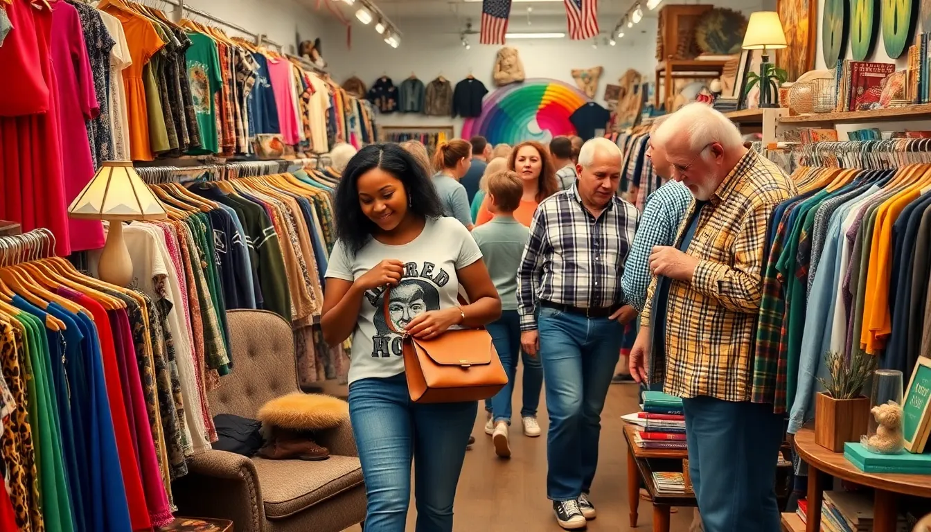 A vibrant thrift store with diverse shoppers exploring unique vintage items.