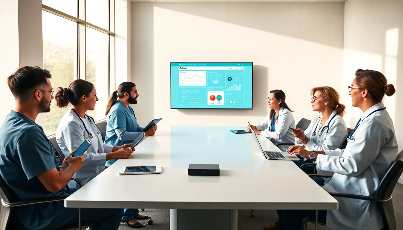 healthcare professionals collaborating over digital tools in a modern office.
