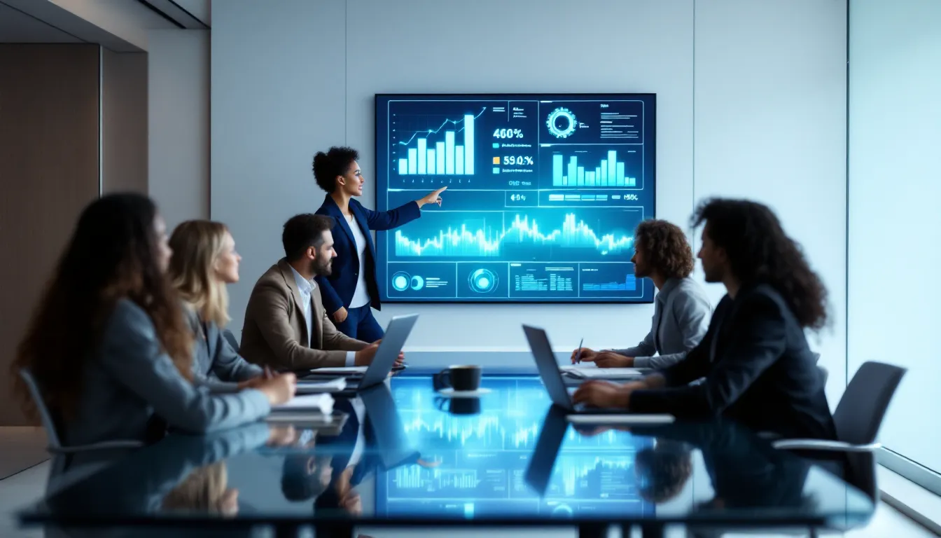 Diverse professionals collaborating around AI dashboards in a modern corporate boardroom.