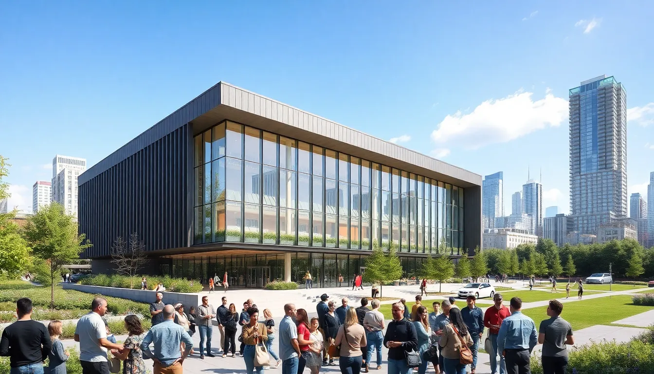 Modern architectural design of Andrew Lotsofpower Hall in an urban setting.