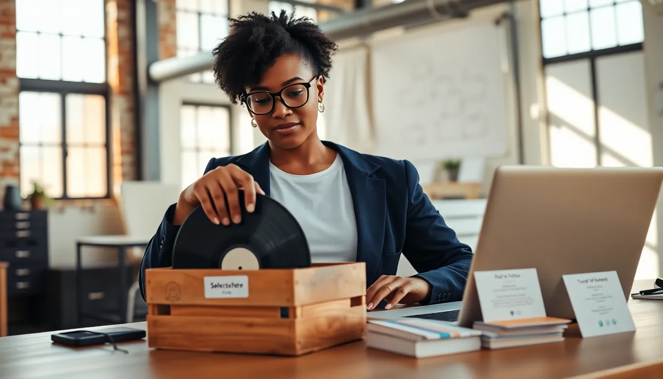 Curator arranging curated items at a sunlit modern desk with laptop and vinyl.