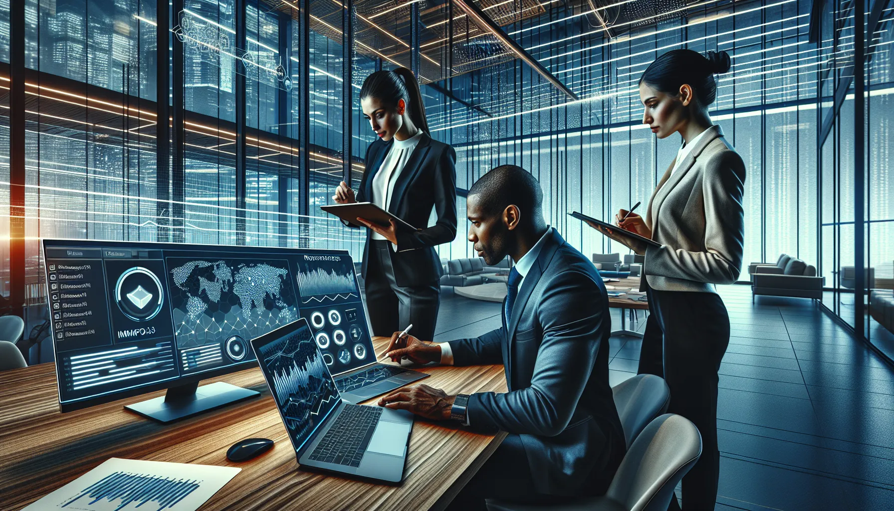 diverse team discussing software upgrades in a modern office.