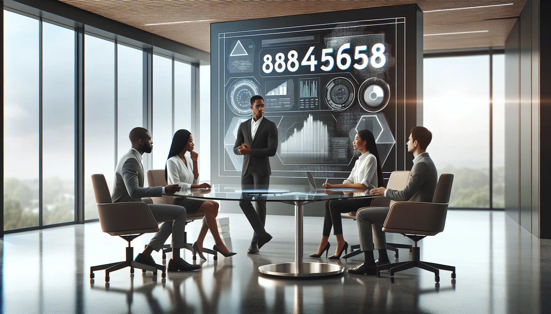 professionals discussing telecommunications data in a modern office.