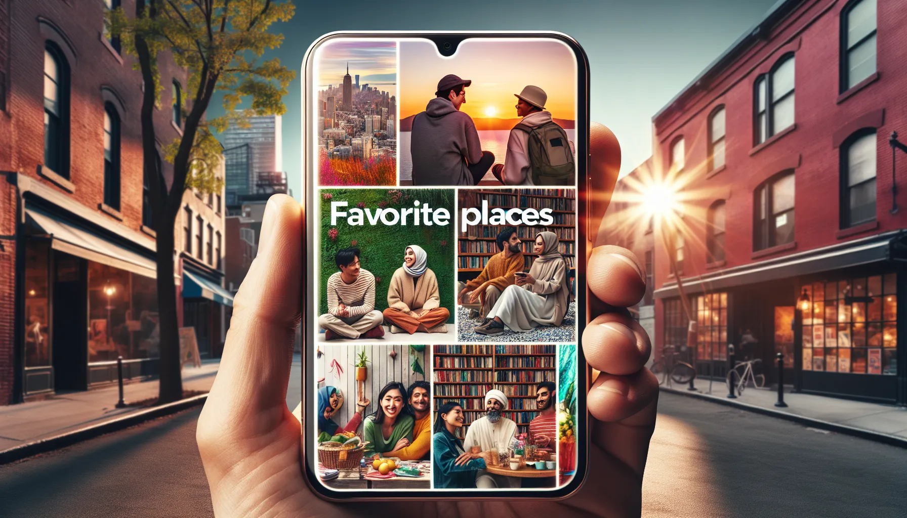 people sharing travel experiences using social media in a vibrant setting.