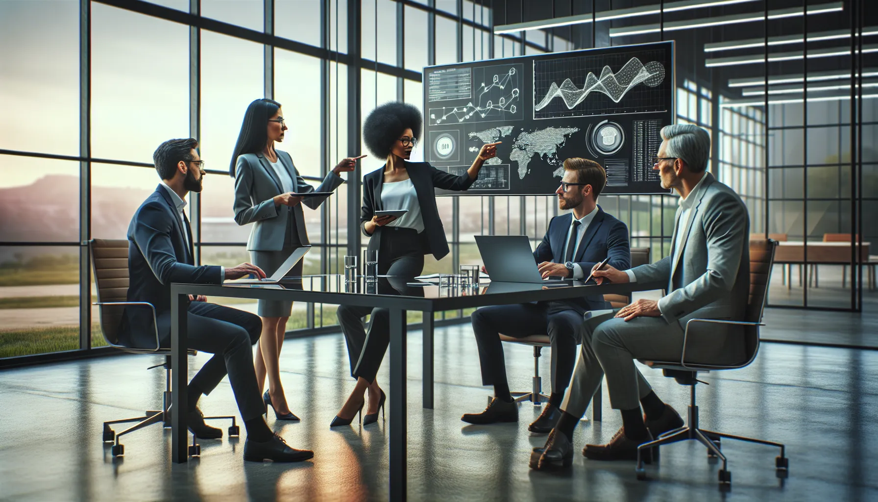 diverse business team discussing logistics in a modern office.