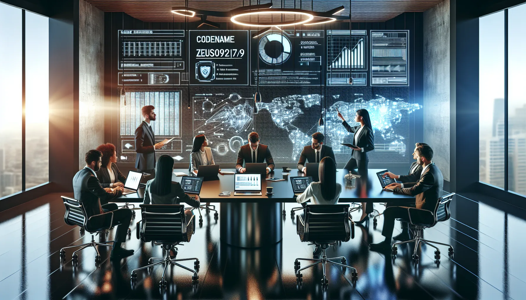 diverse team discussing online identity in a modern office.