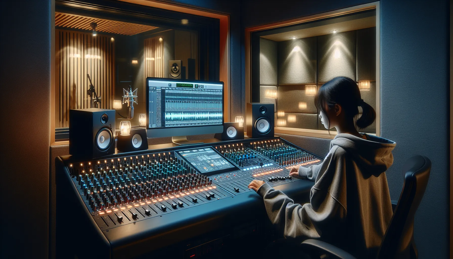 A recording studio showing a mixing console and a sound engineer working.