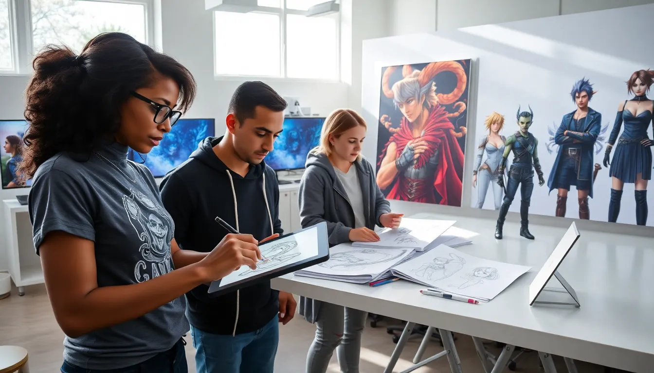 diverse artists collaborating on Final Fantasy XIV character designs in a modern studio.