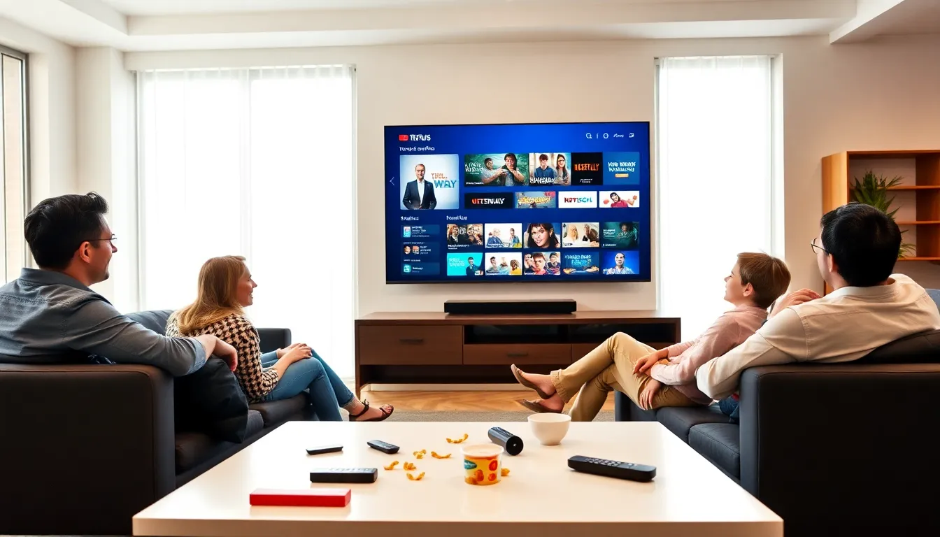 family watching a streaming service on a large TV in a cozy living room.