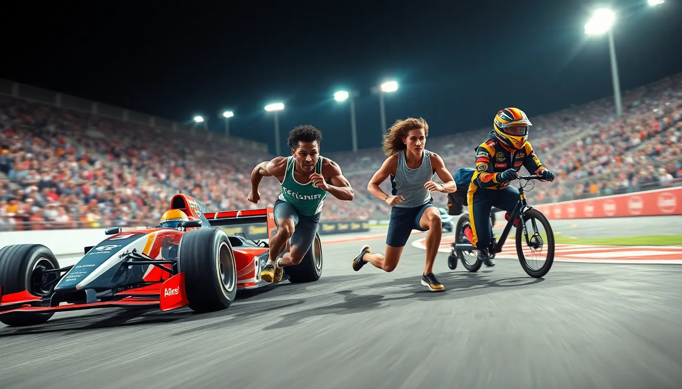 athletes in action during various speed sports events.