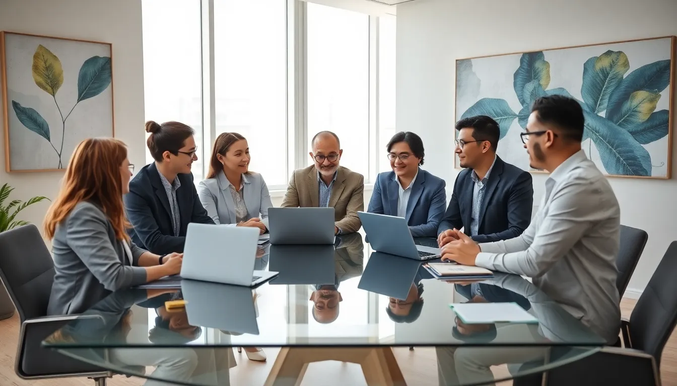 diverse team discussing Asuramgg in a modern office setting.