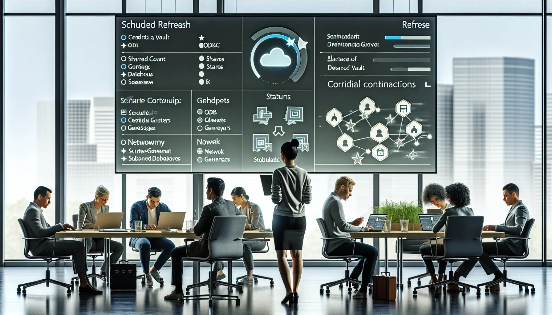 Data professionals managing secure, reliable Power BI refresh in a modern office.