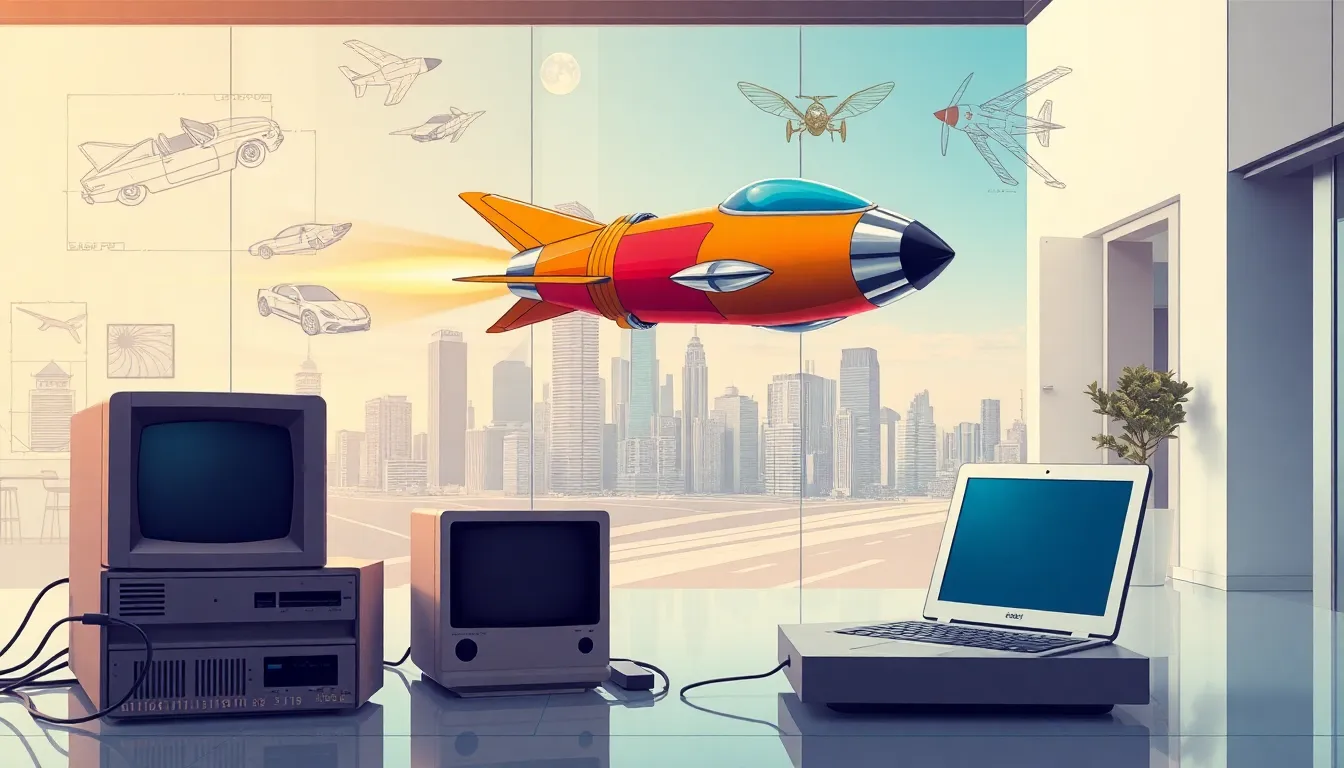 retro jetpack and imaginative flying cars against a modern city skyline.