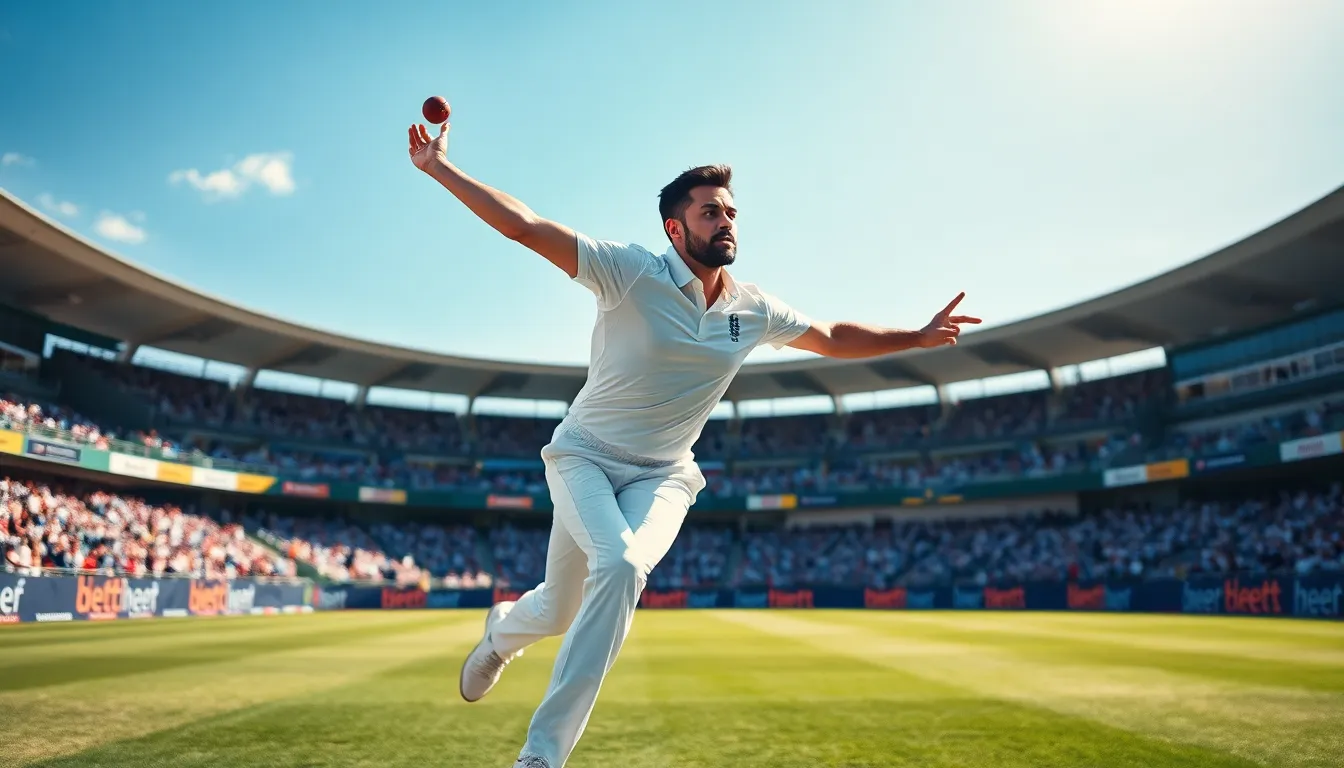 fast bowler delivering the ball in an energetic cricket match.