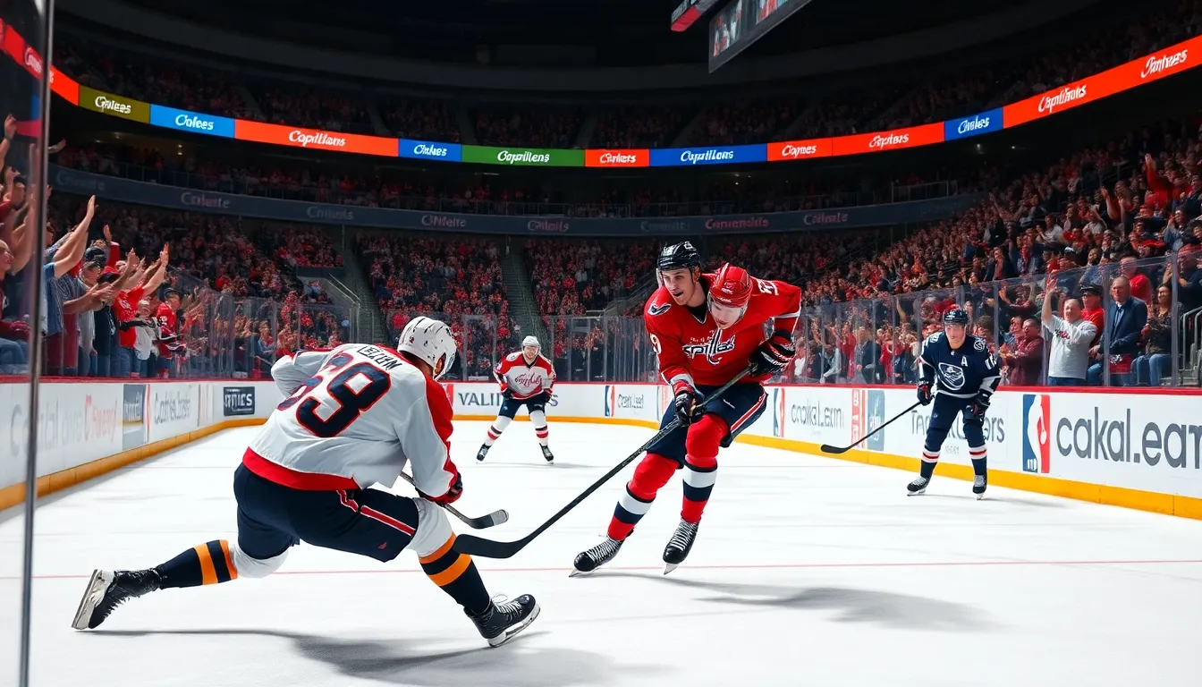Alex Ovechkin scoring in an exciting hockey game.