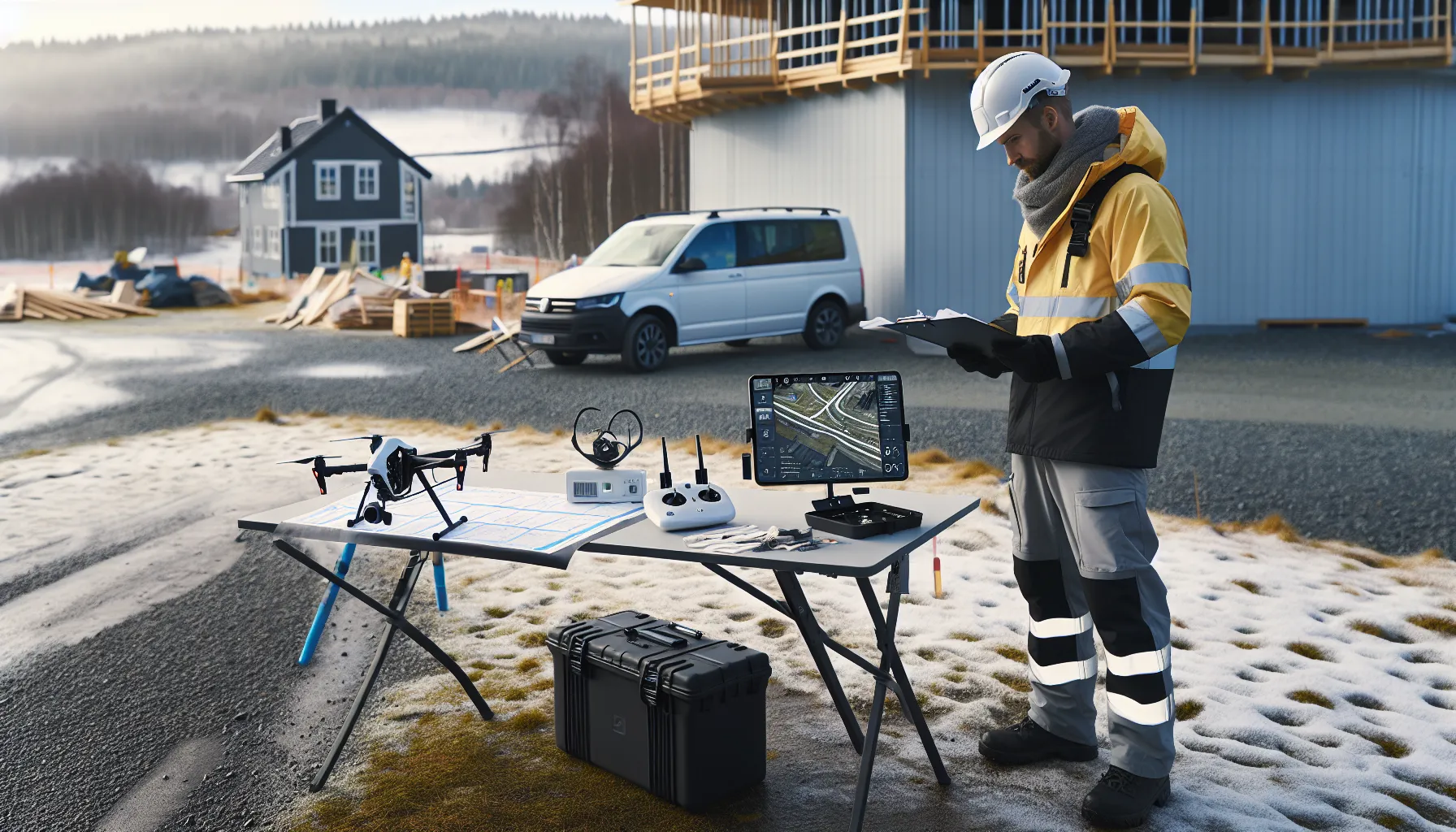 Engineer plans a drone inspection flight on a norwegian construction site.