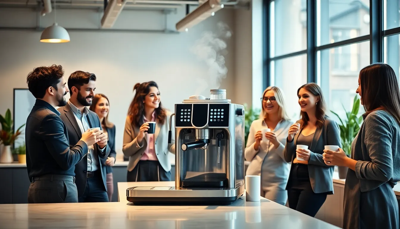 employees engaging over coffee in a modern office kitchen setting.