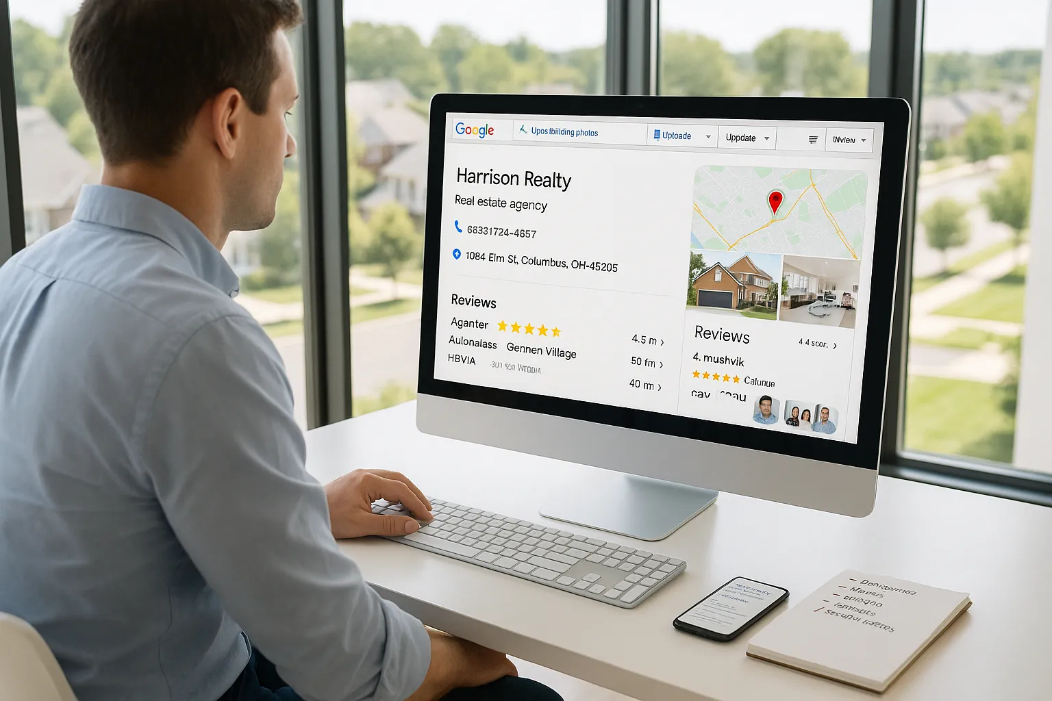 Real estate agent optimizing a Google Business Profile for local visibility on desktop.