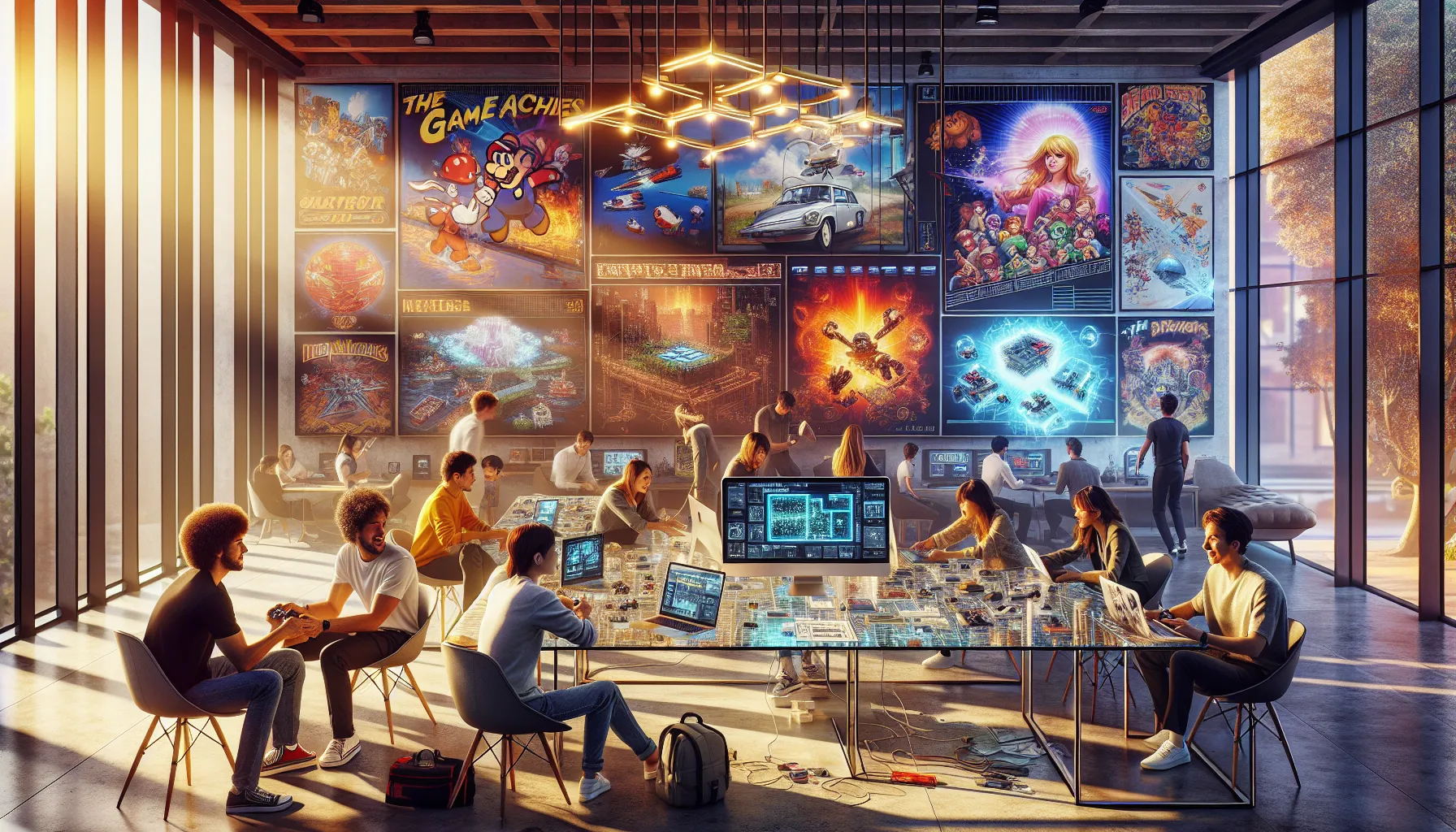 diverse group of professionals gaming and discussing classic titles.