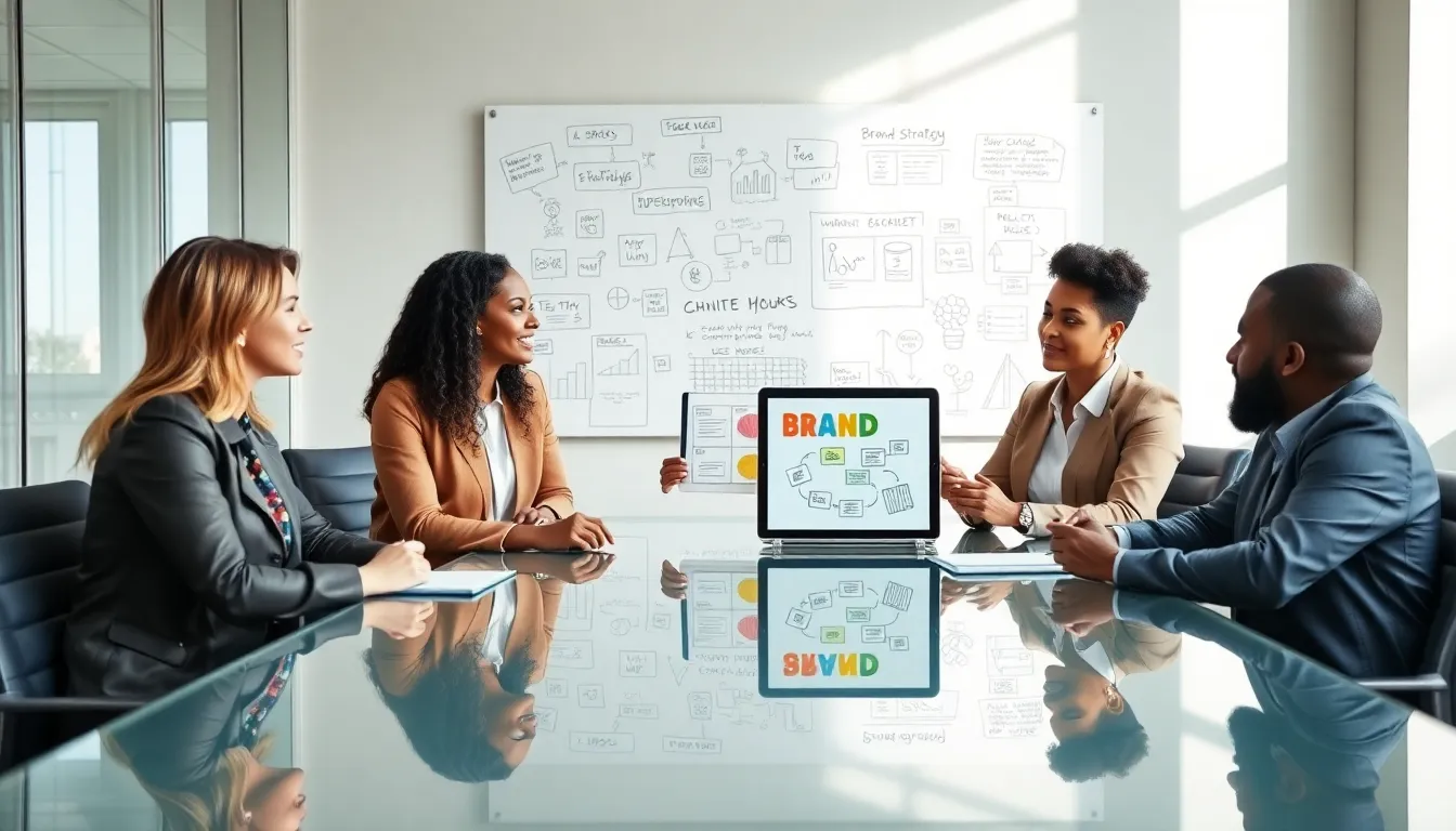diverse team collaborating on branding strategies in a modern office.