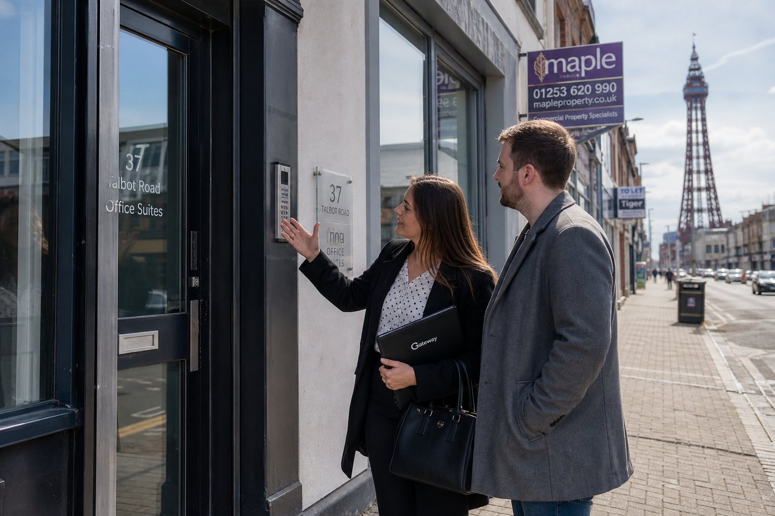 Commercial Mortgage Brokers Blackpool for Purchase and Refinance 15 Client and adviser outside a small office building discussing commercial mortgage suitability.