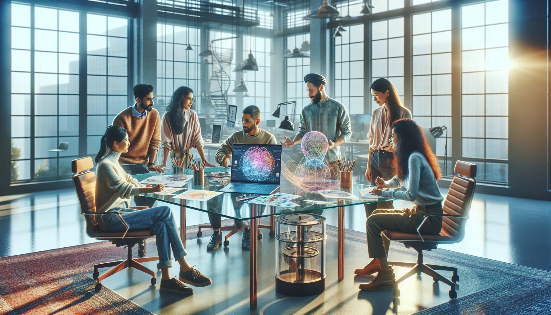 diverse team collaborating on a creative project in a modern studio.