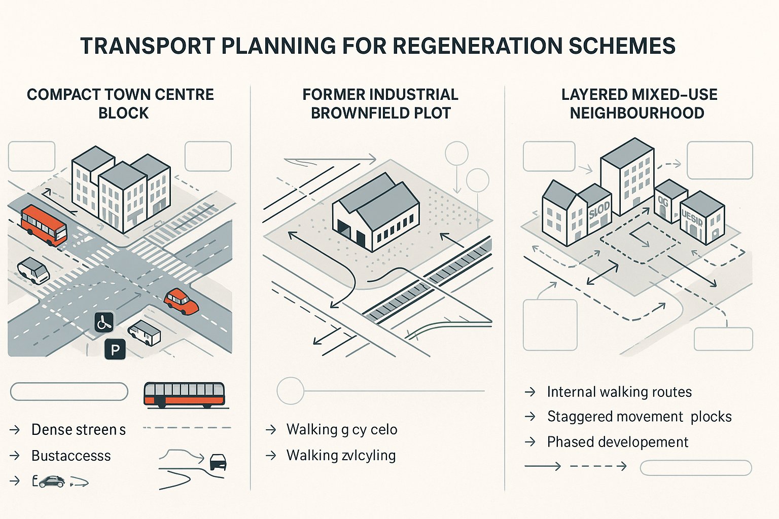 Comparison infographic of town centre, brownfield, and mixed-use regeneration transport planning.