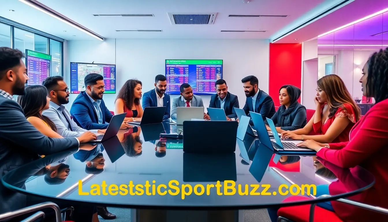 diverse professionals in a sleek office discussing sports updates.