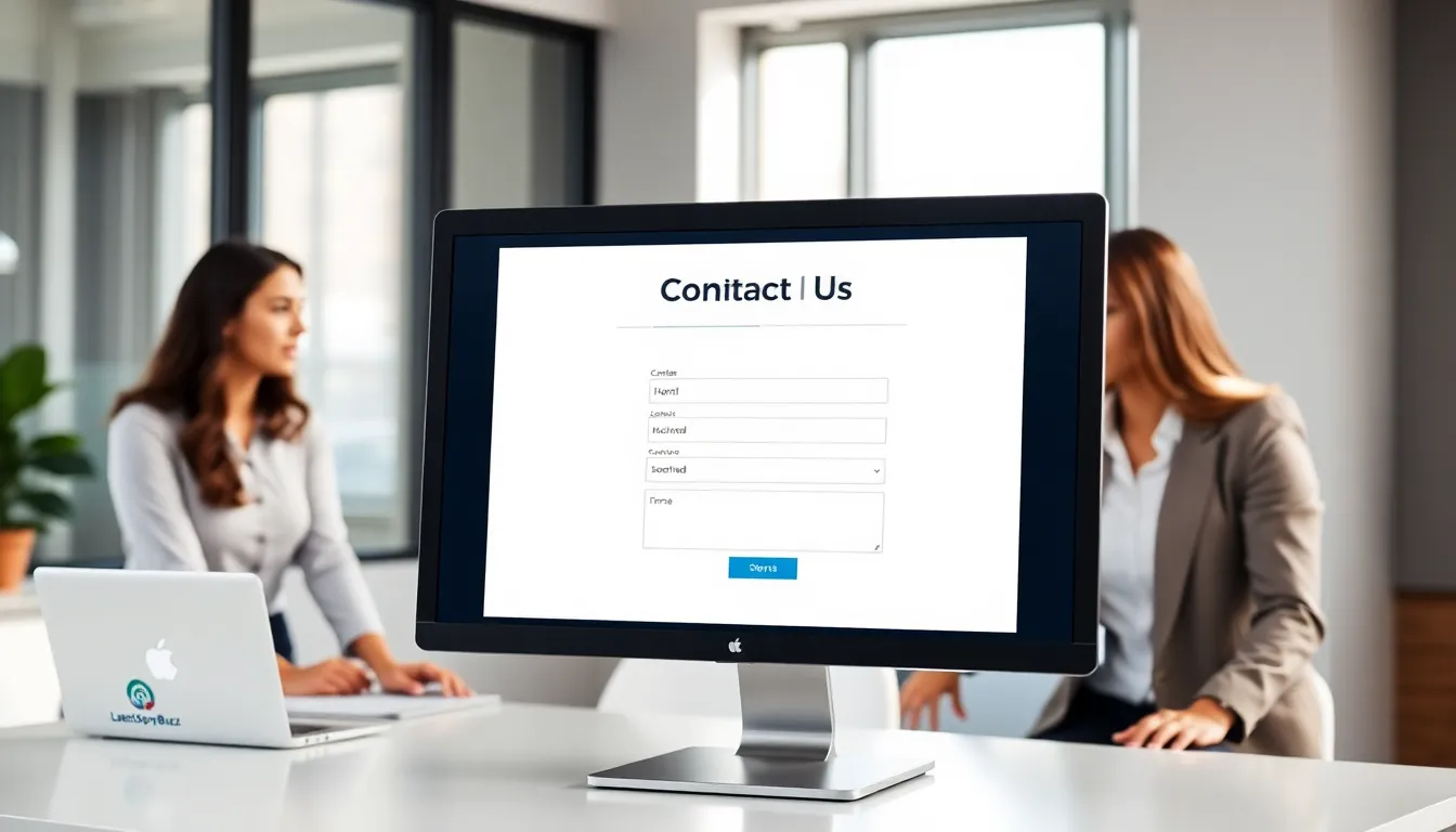 Contact Us form displayed on a sleek computer in a modern office.