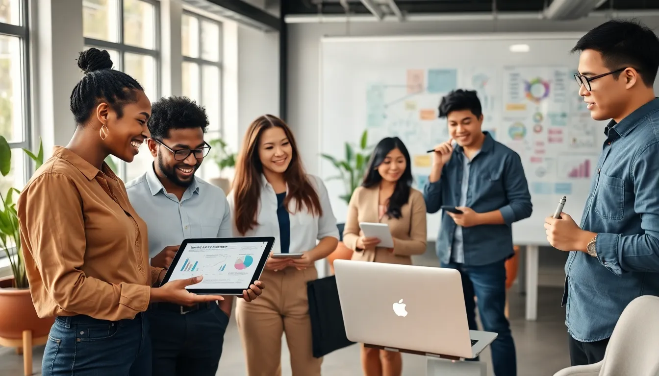 diverse professionals collaborating in a bright, modern office