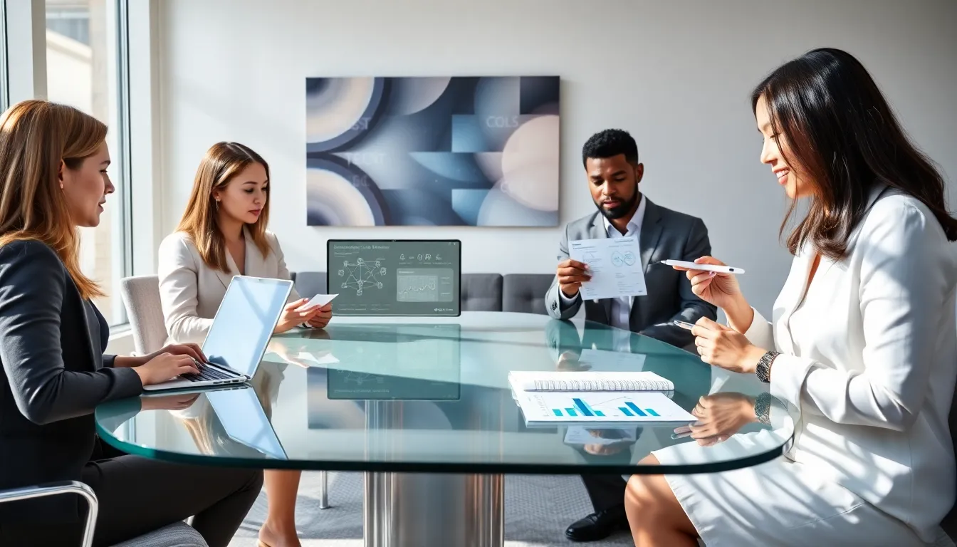 diverse team discussing IP addresses in a modern office.