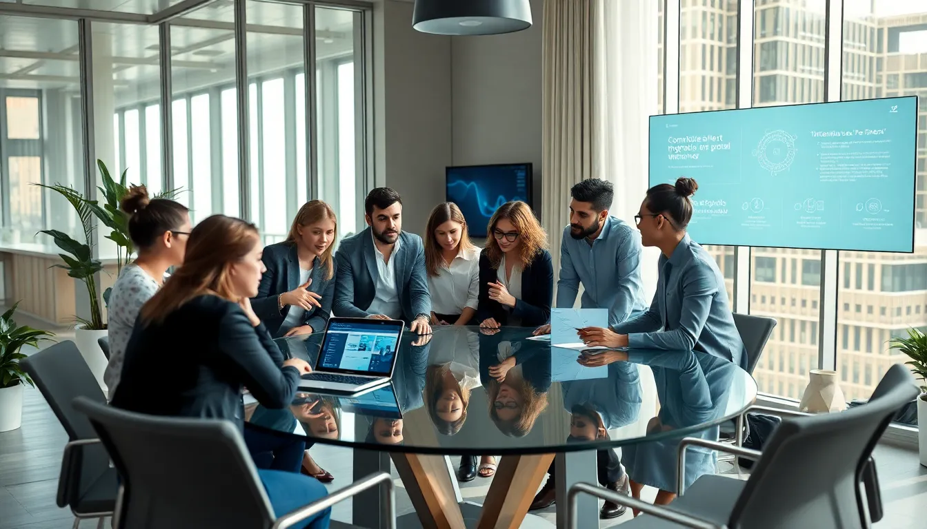 diverse team discussing Eve2876 in a modern office setting.
