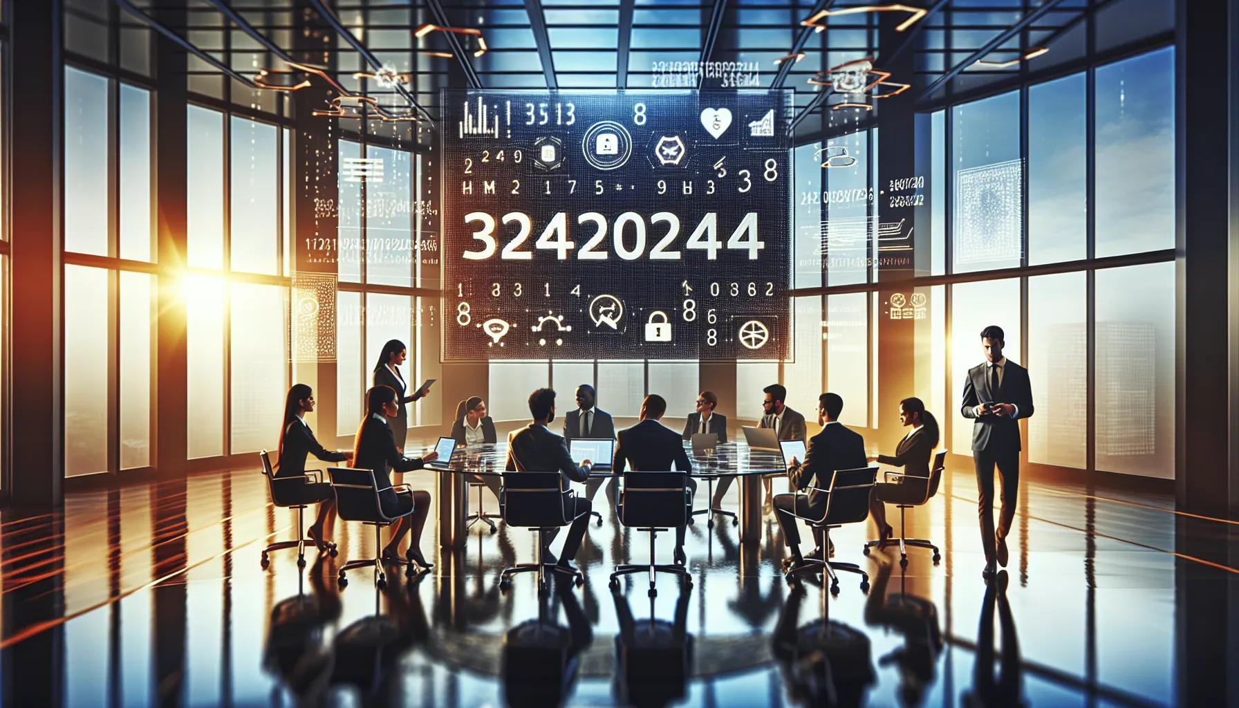 business professionals discussing the significance of the number 3412024434 in a modern office.