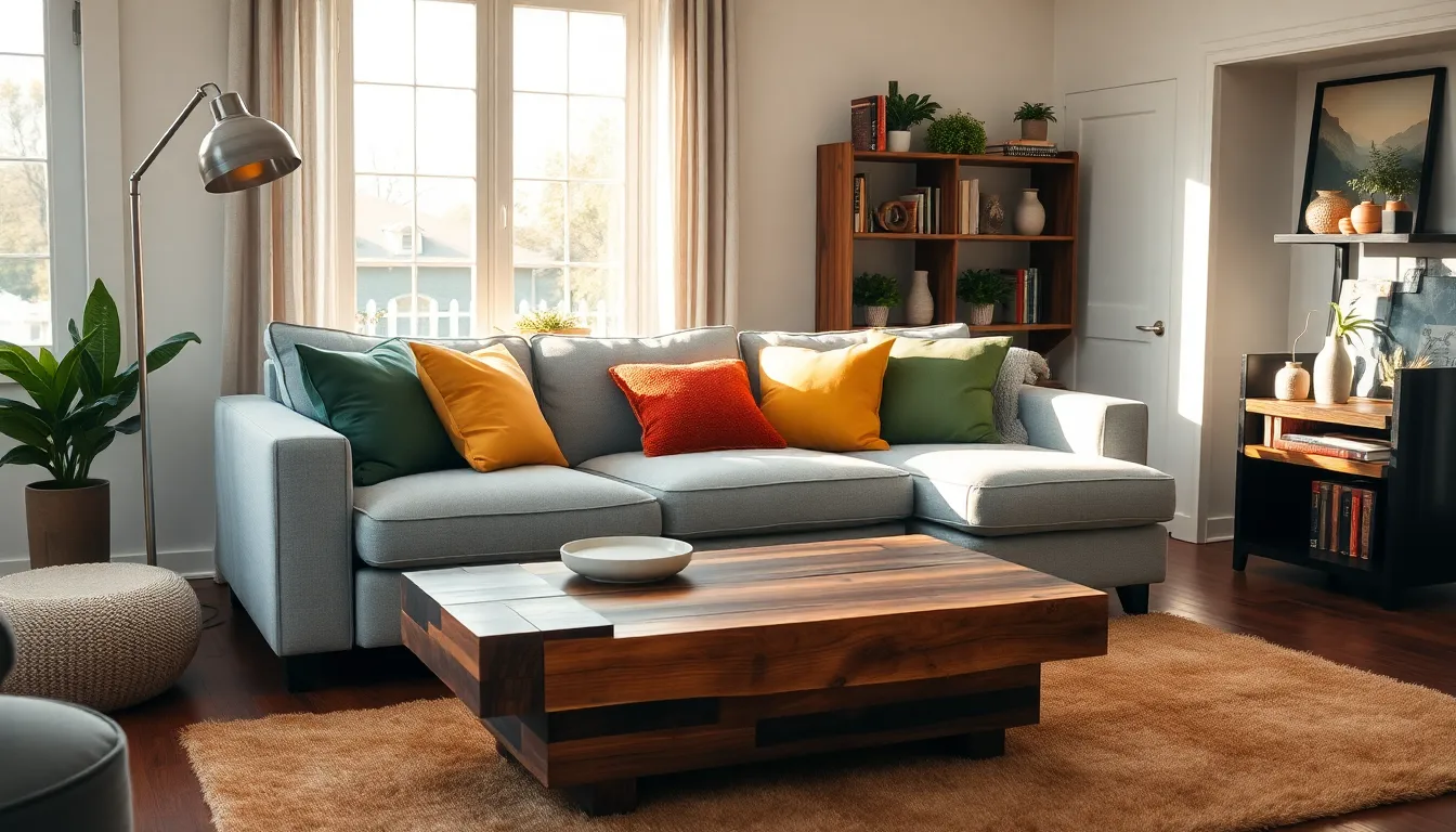 a cozy living room featuring a blend of modern and rustic furniture options.