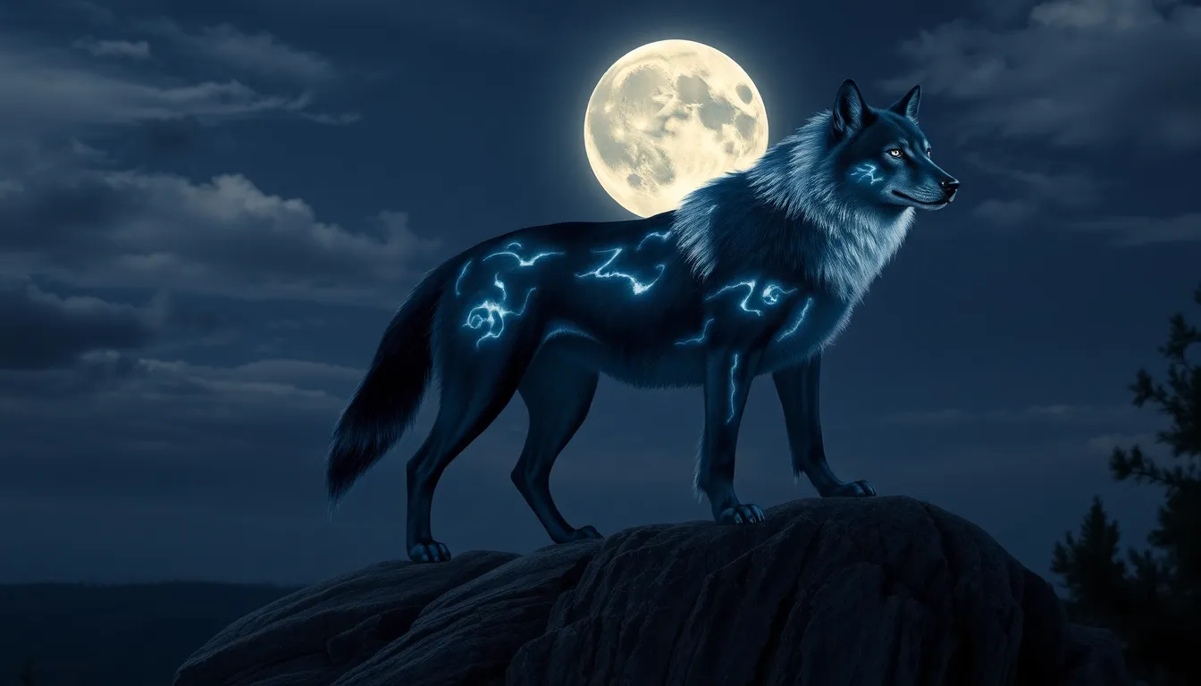 A mythical creature, Selenanewolf, illuminated under a full moon.