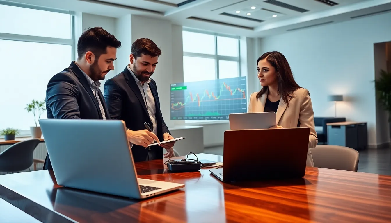 professionals discussing cryptocurrency trading in a modern office.