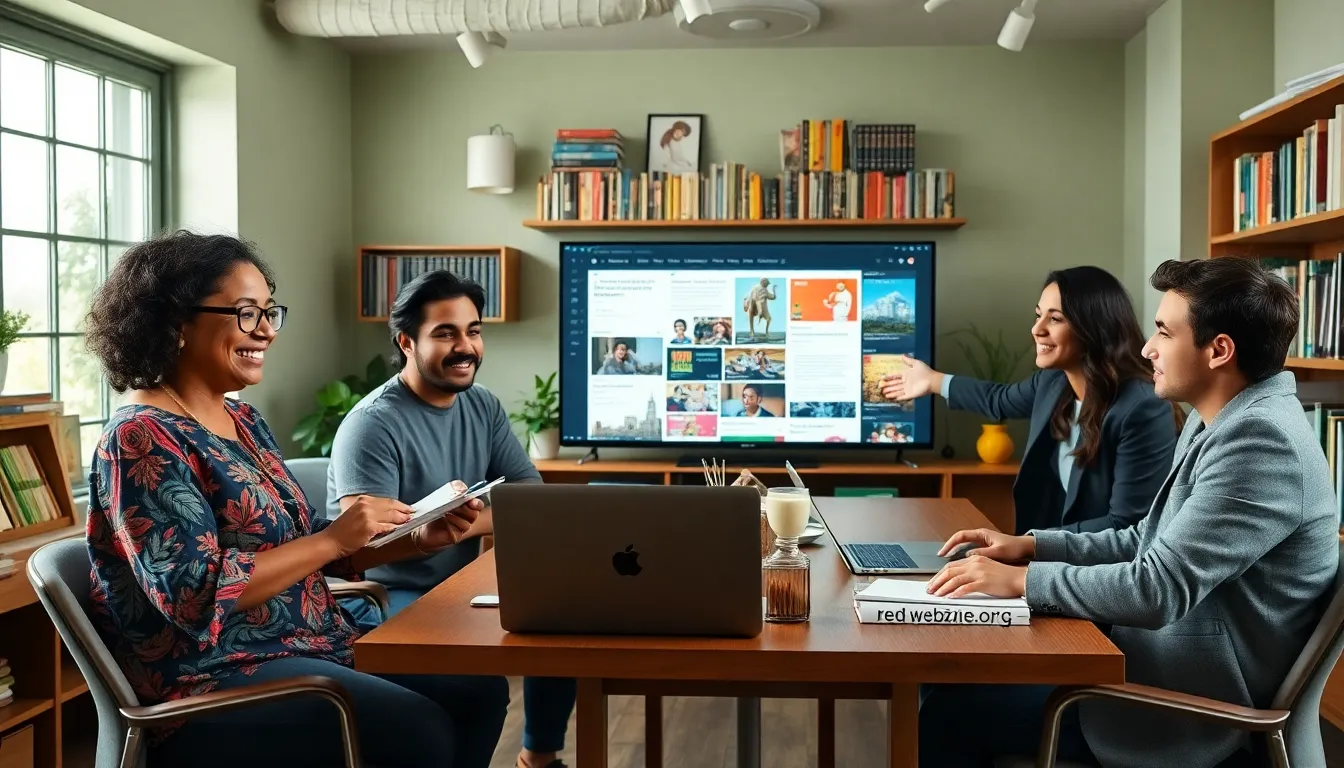 A diverse group collaborating in a creative office space.