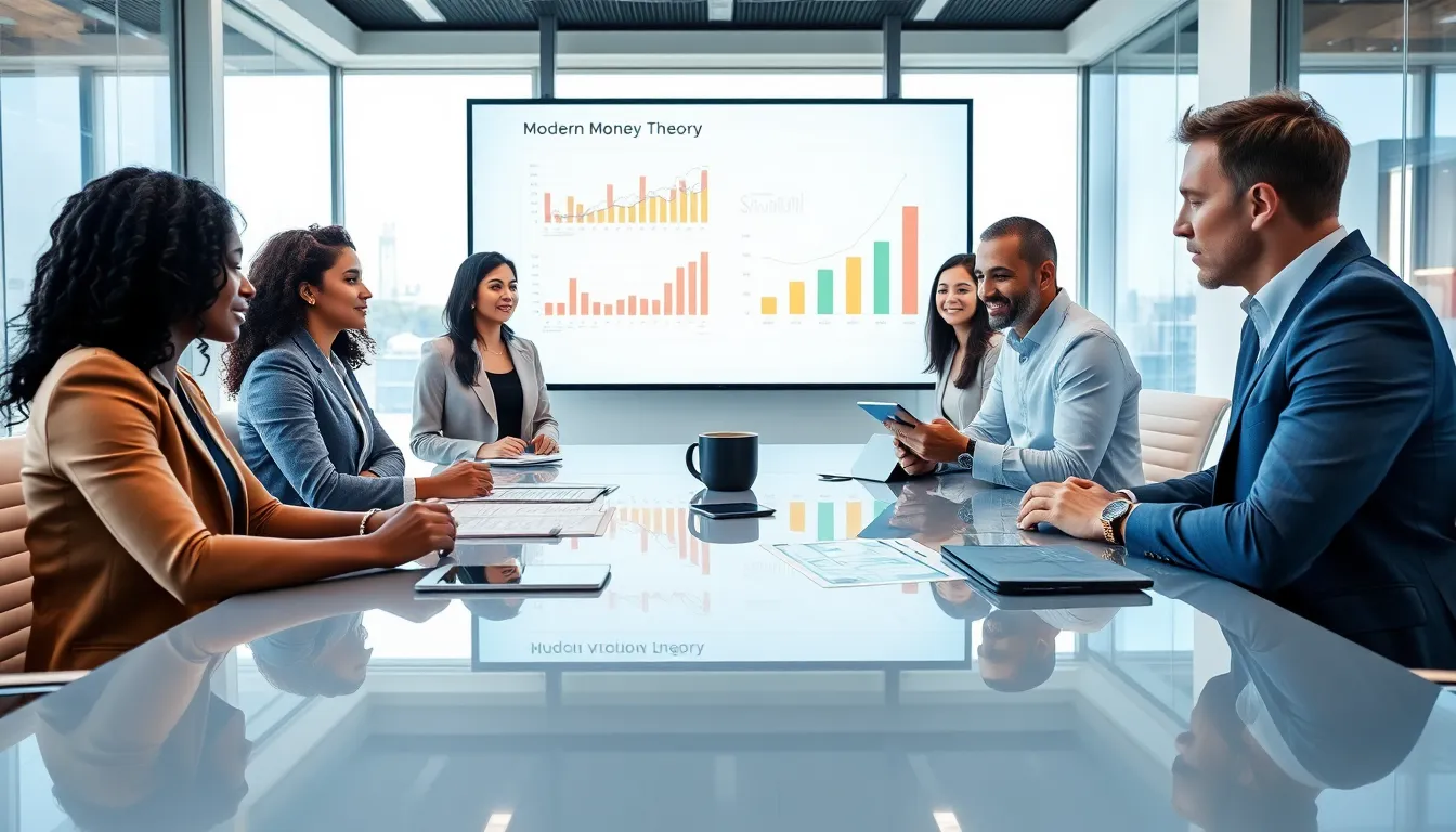 diverse team discussing Modern Money Theory in a modern office.
