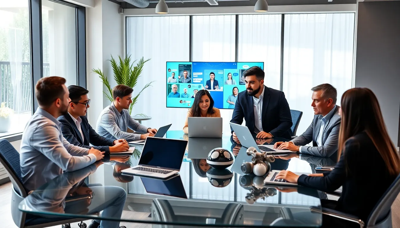 diverse professionals collaborating in a modern workspace.