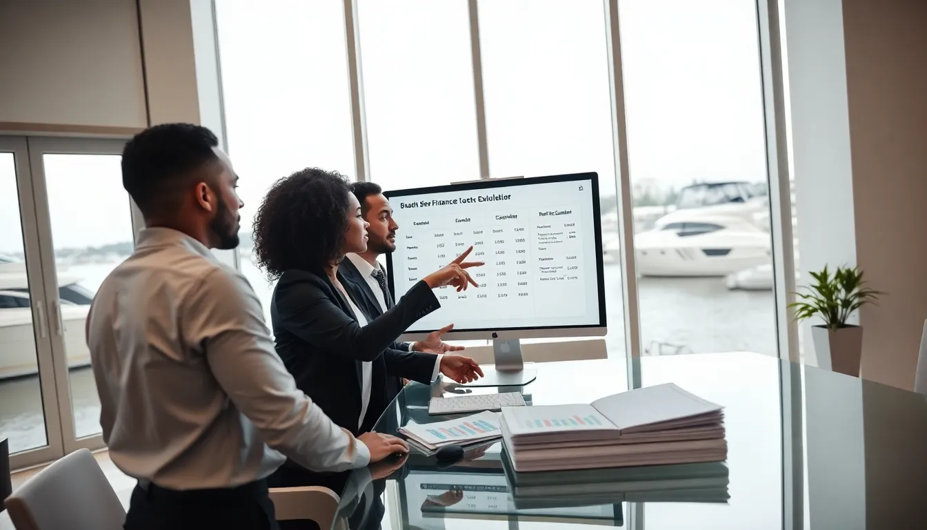 group analyzing a boat loan calculator in a modern office.