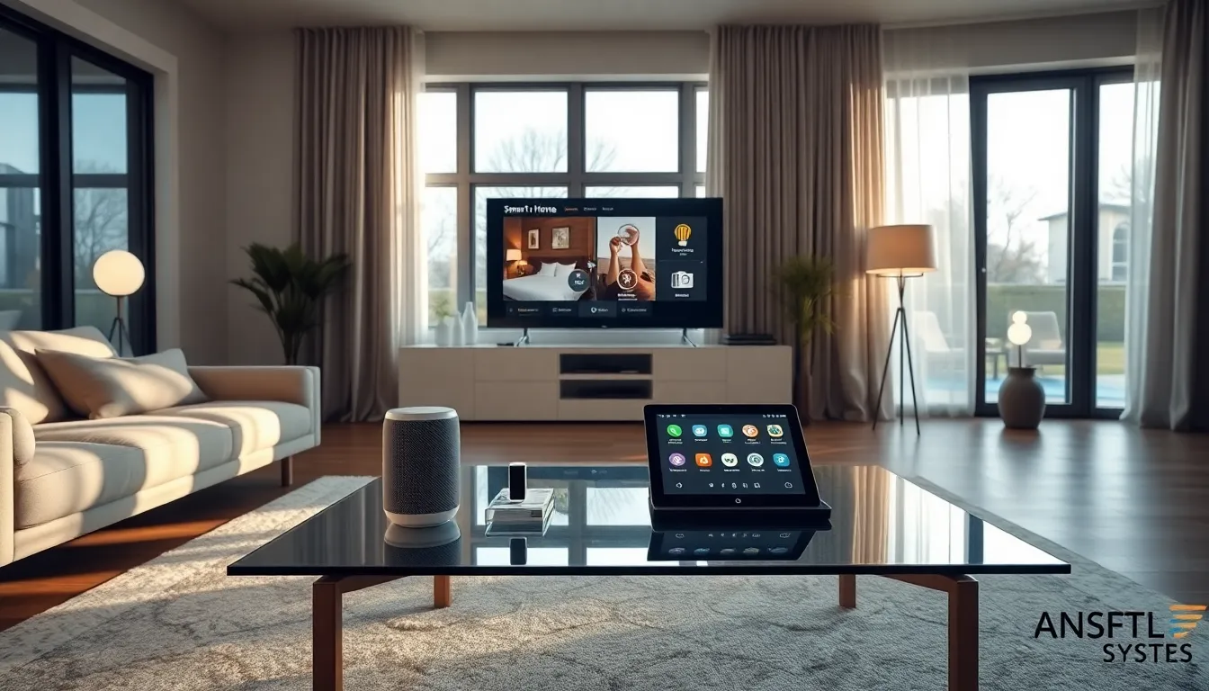 smart home living room with connected devices and modern decor.