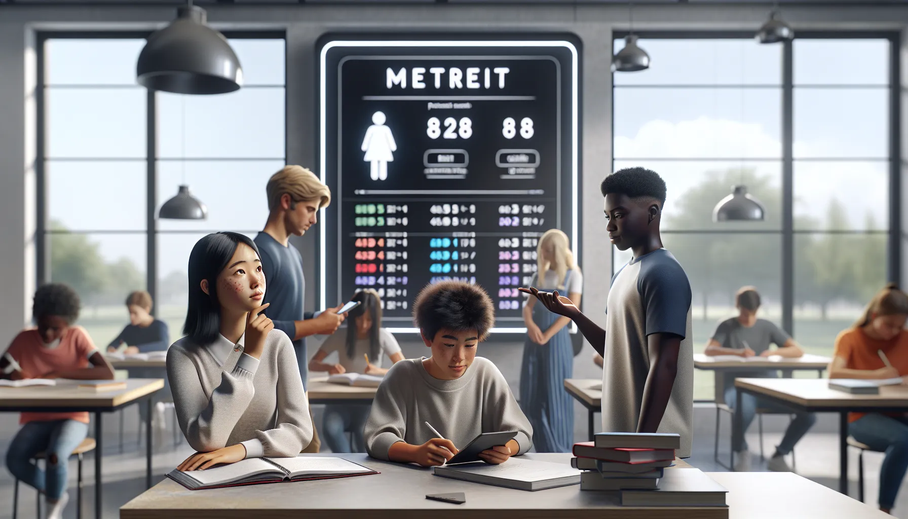 students using a digital merit calculator in a modern classroom.